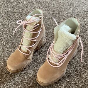 Sorel Tan Lace-Up Boots with Pink Accents